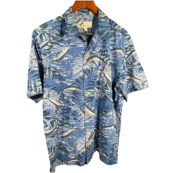 Oliver & Burke Shirt Mens XL Hawaiian Tropical Fish Resort Marlin Button Up Blue - Picture 2 of 13